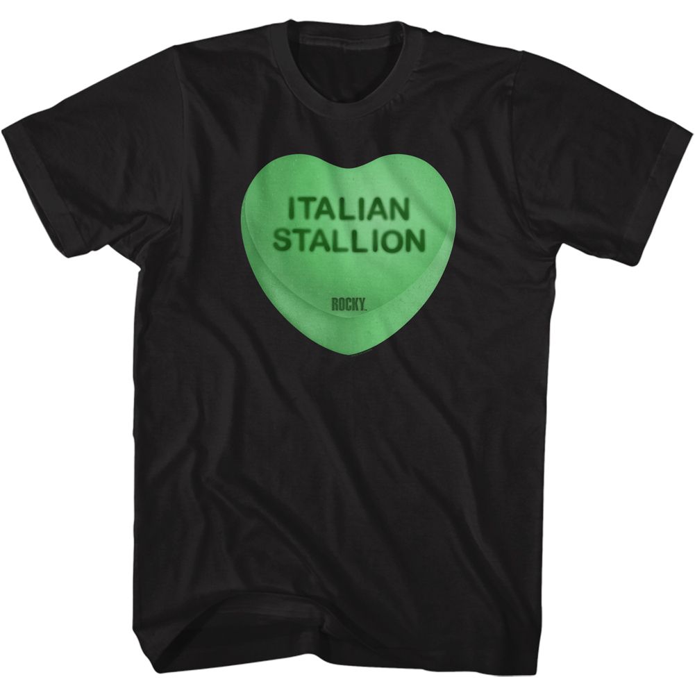 Black Rocky t-shirt featuring a green candy heart with the words “Italian Stallion” printed in bold lettering.
