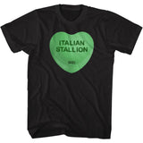 Black Rocky t-shirt featuring a green candy heart with the words “Italian Stallion” printed in bold lettering.