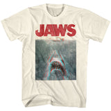 Vintage-style Jaws T-shirt featuring the classic shark poster art with a red and blue 3D effect.