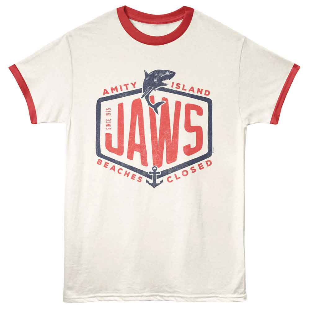 Officially licensed Jaws Amity Island Beaches Closed ringer t-shirt with retro warning-style shark graphic
