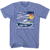 Heather blue Jaws T-Shirt featuring a fishing boat, shark fin, ocean sunset, and "Amity Island Regatta" graphic