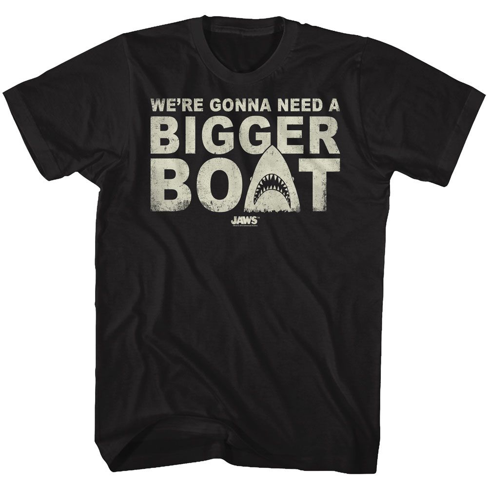 Black Jaws T-Shirt featuring the famous "We're Gonna Need a Bigger Boat" quote with shark graphic typography