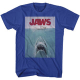 Blue Jaws T-shirt featuring the classic movie poster with the shark rising toward the swimmer.