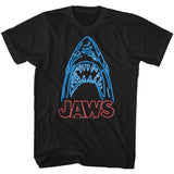 Black Jaws T-shirt featuring a neon-style blue shark graphic with red Jaws logo.