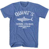 Blue Jaws T-shirt featuring a vintage-style “Quint’s Shark Fishing” design with a shark graphic.