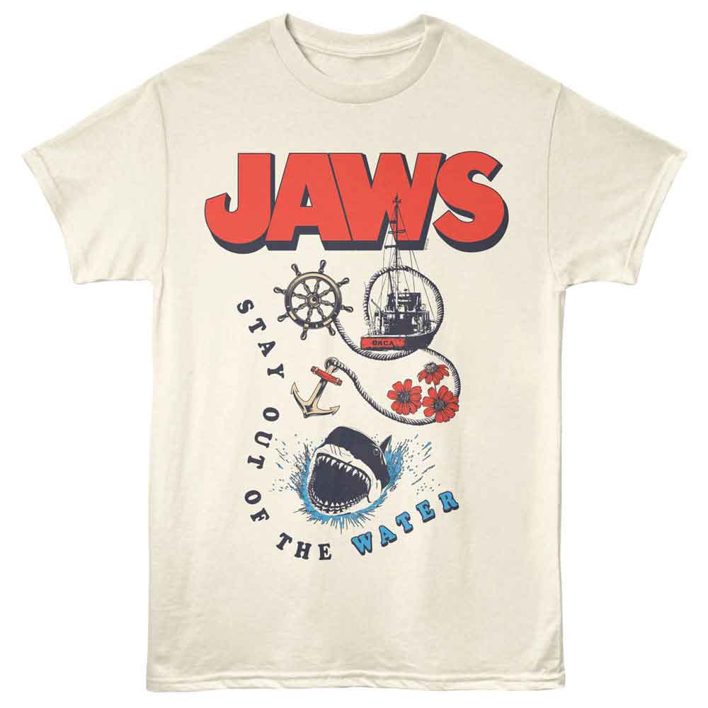 Cream-colored Jaws T-Shirt featuring the JAWS logo, shark graphic, Orca boat, anchor, ship wheel, flowers, and “Stay Out of the Water” text
