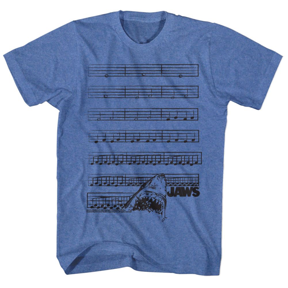 Blue Jaws T-Shirt featuring the iconic movie theme displayed as sheet music that builds toward a shark attack graphic