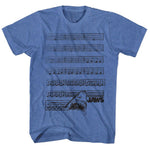 Blue Jaws T-Shirt featuring the iconic movie theme displayed as sheet music that builds toward a shark attack graphic