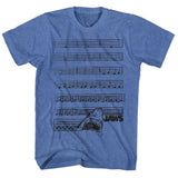 Blue Jaws T-Shirt featuring the iconic movie theme displayed as sheet music that builds toward a shark attack graphic