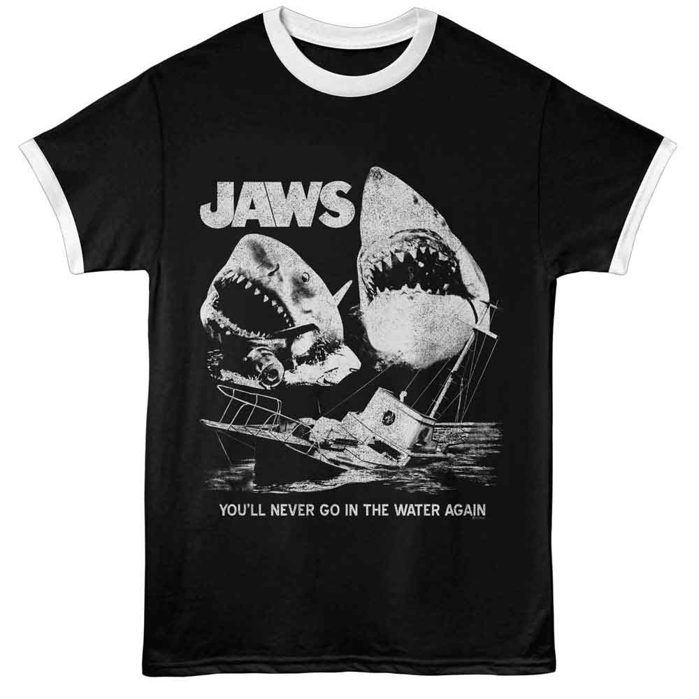 Officially licensed Jaws ringer t-shirt featuring the classic You’ll Never Go in the Water Again movie artwork