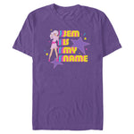 Purple Jem and the Holograms T-Shirt featuring Jem with colorful retro typography reading "Jem Is My Name"