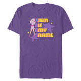 Purple Jem and the Holograms T-Shirt featuring Jem with colorful retro typography reading "Jem Is My Name"