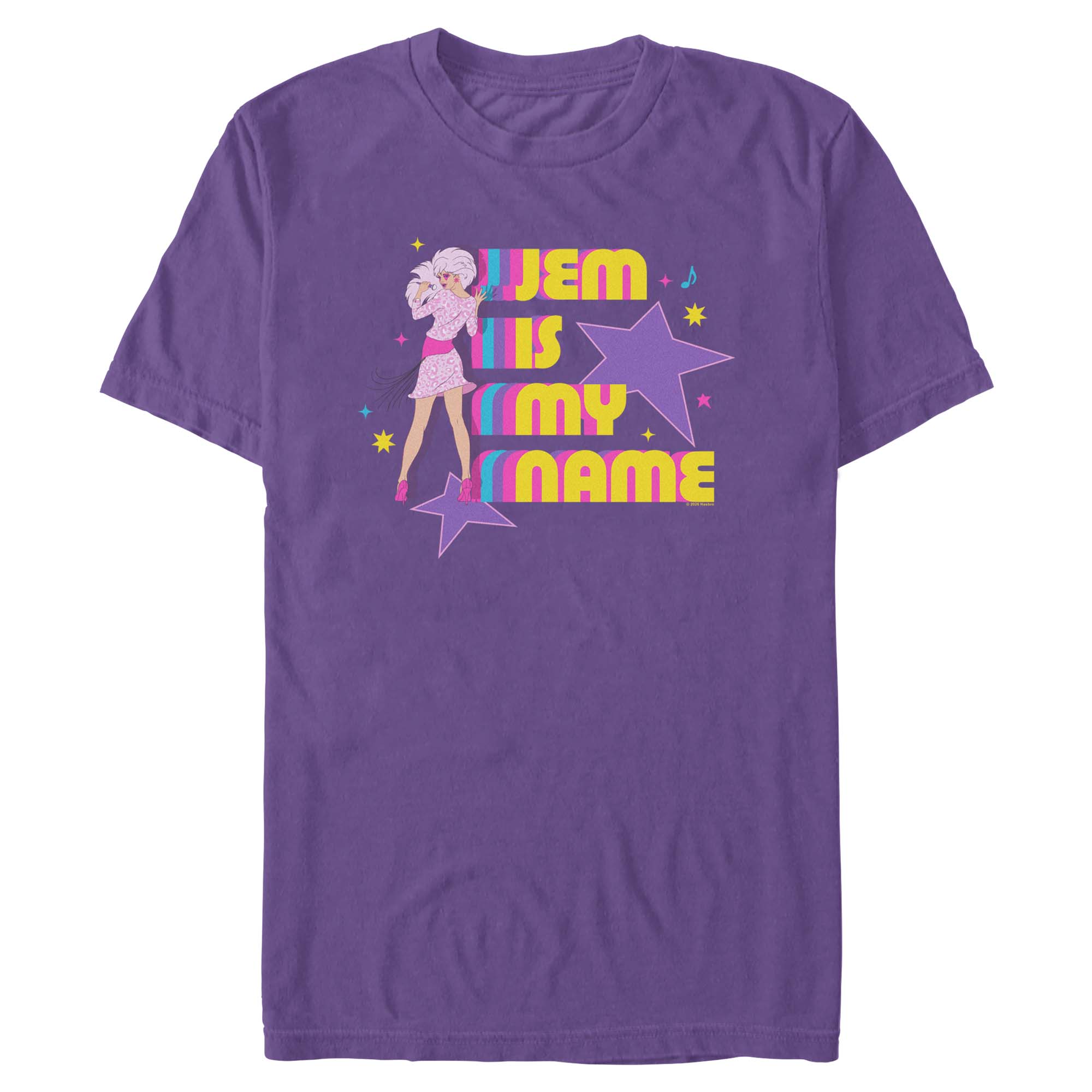 Purple Jem and the Holograms T-Shirt featuring Jem with colorful retro typography reading "Jem Is My Name"