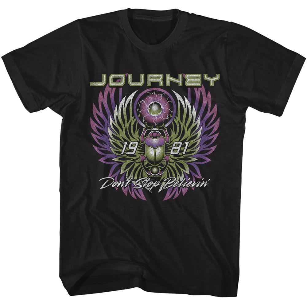 Black Journey T-shirt featuring a neon green and purple winged scarab design with the text “Journey,” “1981,” and “Don’t Stop Believin’” in a retro distressed style.