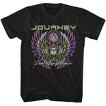 Black Journey T-shirt featuring a neon green and purple winged scarab design with the text “Journey,” “1981,” and “Don’t Stop Believin’” in a retro distressed style.