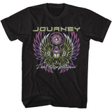 Black Journey T-shirt featuring a neon green and purple winged scarab design with the text “Journey,” “1981,” and “Don’t Stop Believin’” in a retro distressed style.