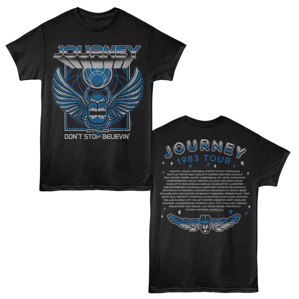 Black Journey T-shirt showing front and back designs. Front features a blue winged scarab graphic with “Journey” and “Don’t Stop Believin’.” Back reads “Journey 1983 Tour” with a full list of tour cities and a smaller winged scarab graphic at the bottom.