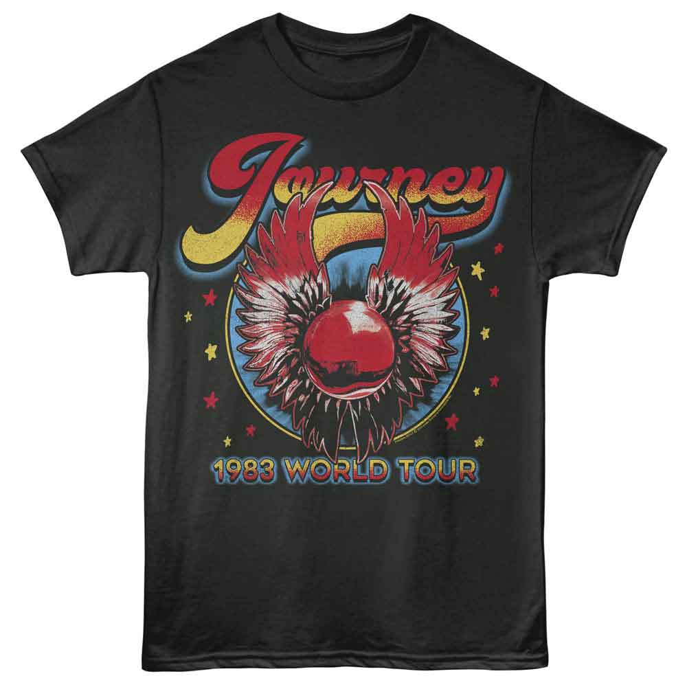 Black Journey T-shirt featuring a retro distressed “Journey” logo above a winged red orb emblem, surrounded by colorful star accents, with “1983 World Tour” text across the bottom.
