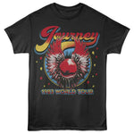 Black Journey T-shirt featuring a retro distressed “Journey” logo above a winged red orb emblem, surrounded by colorful star accents, with “1983 World Tour” text across the bottom.