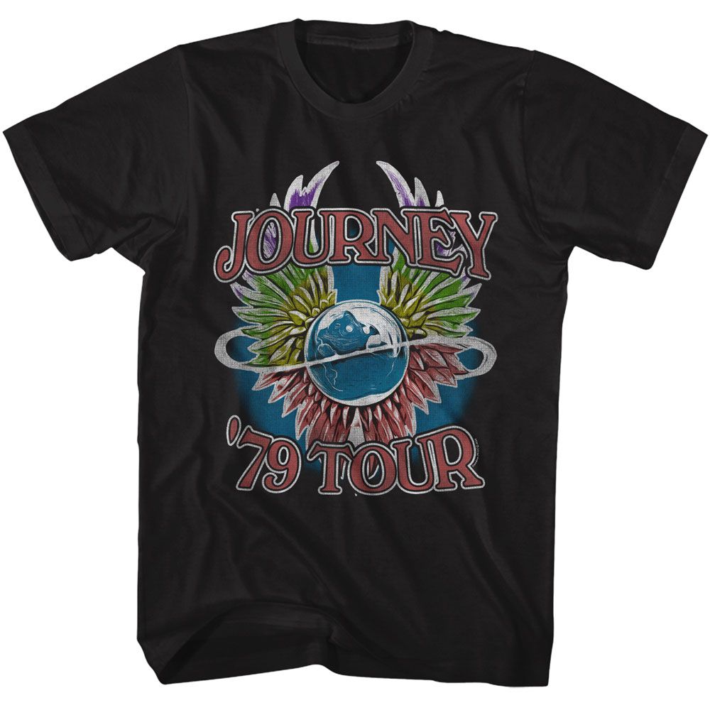 Black Journey T-shirt featuring “Journey ’79 Tour” text with a blue planet and silver rings in the center, surrounded by colorful feathered wings in a vintage concert style.