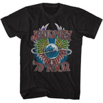 Black Journey T-shirt featuring “Journey ’79 Tour” text with a blue planet and silver rings in the center, surrounded by colorful feathered wings in a vintage concert style.