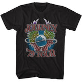 Black Journey T-shirt featuring “Journey ’79 Tour” text with a blue planet and silver rings in the center, surrounded by colorful feathered wings in a vintage concert style.