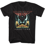 Black Journey T-shirt featuring a bold Frontiers album-inspired graphic with a futuristic face design, neon-style shading, and the words “Journey” and “Frontiers” in a retro 80s concert layout.