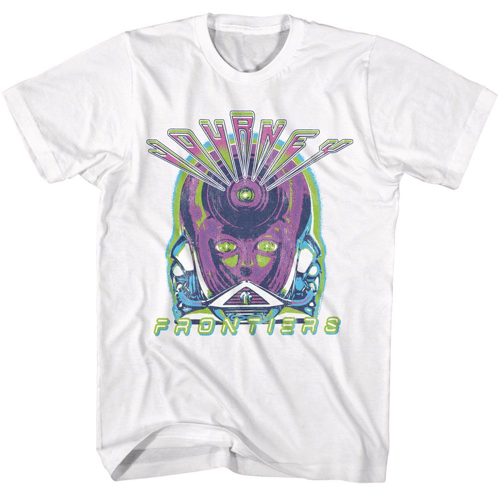 White Journey T-shirt featuring a neon, distressed Frontiers-inspired graphic with a stylized sci-fi face in purple and green tones, bold “Journey” lettering across the top, and “Frontiers” text underneath.