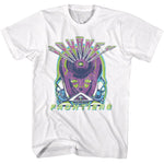 White Journey T-shirt featuring a neon, distressed Frontiers-inspired graphic with a stylized sci-fi face in purple and green tones, bold “Journey” lettering across the top, and “Frontiers” text underneath.