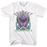 White Journey T-shirt featuring a neon, distressed Frontiers-inspired graphic with a stylized sci-fi face in purple and green tones, bold “Journey” lettering across the top, and “Frontiers” text underneath.