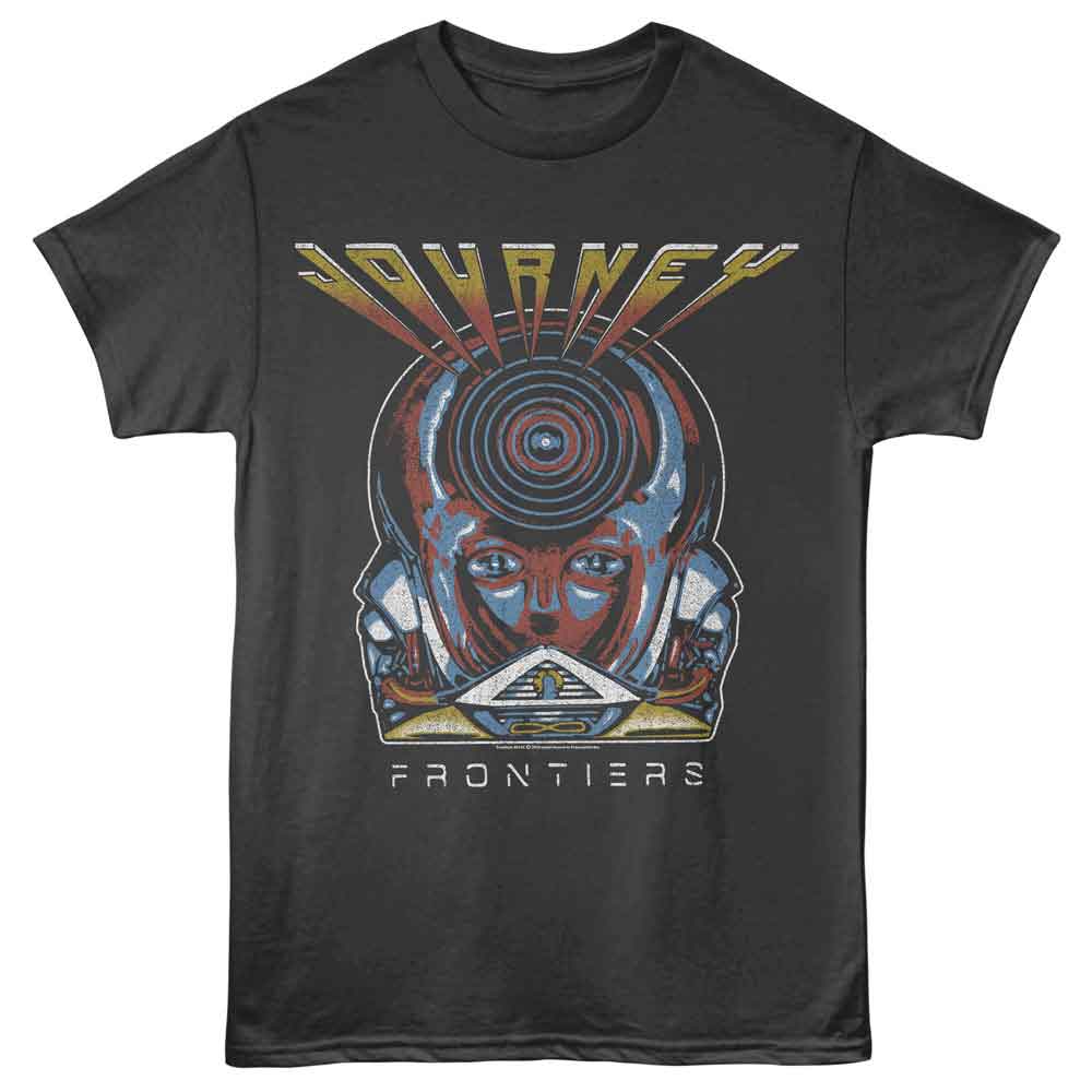Charcoal gray Journey T-shirt featuring a distressed Frontiers-inspired graphic with a futuristic face, concentric target design, bold “Journey” lettering, and “Frontiers” text in a retro 80s sci-fi style.