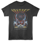 Charcoal gray Journey T-shirt featuring a distressed Frontiers-inspired graphic with a futuristic face, concentric target design, bold “Journey” lettering, and “Frontiers” text in a retro 80s sci-fi style.