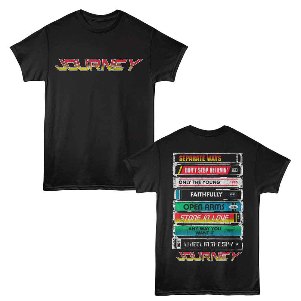 Black Journey T-shirt with front and back designs. Front shows the Journey logo in a red, yellow, and orange gradient. Back features a stack of colorful cassette tapes listing classic Journey songs including Separate Ways, Don’t Stop Believin’, Faithfully, Open Arms, and more, with the Journey logo at the bottom.