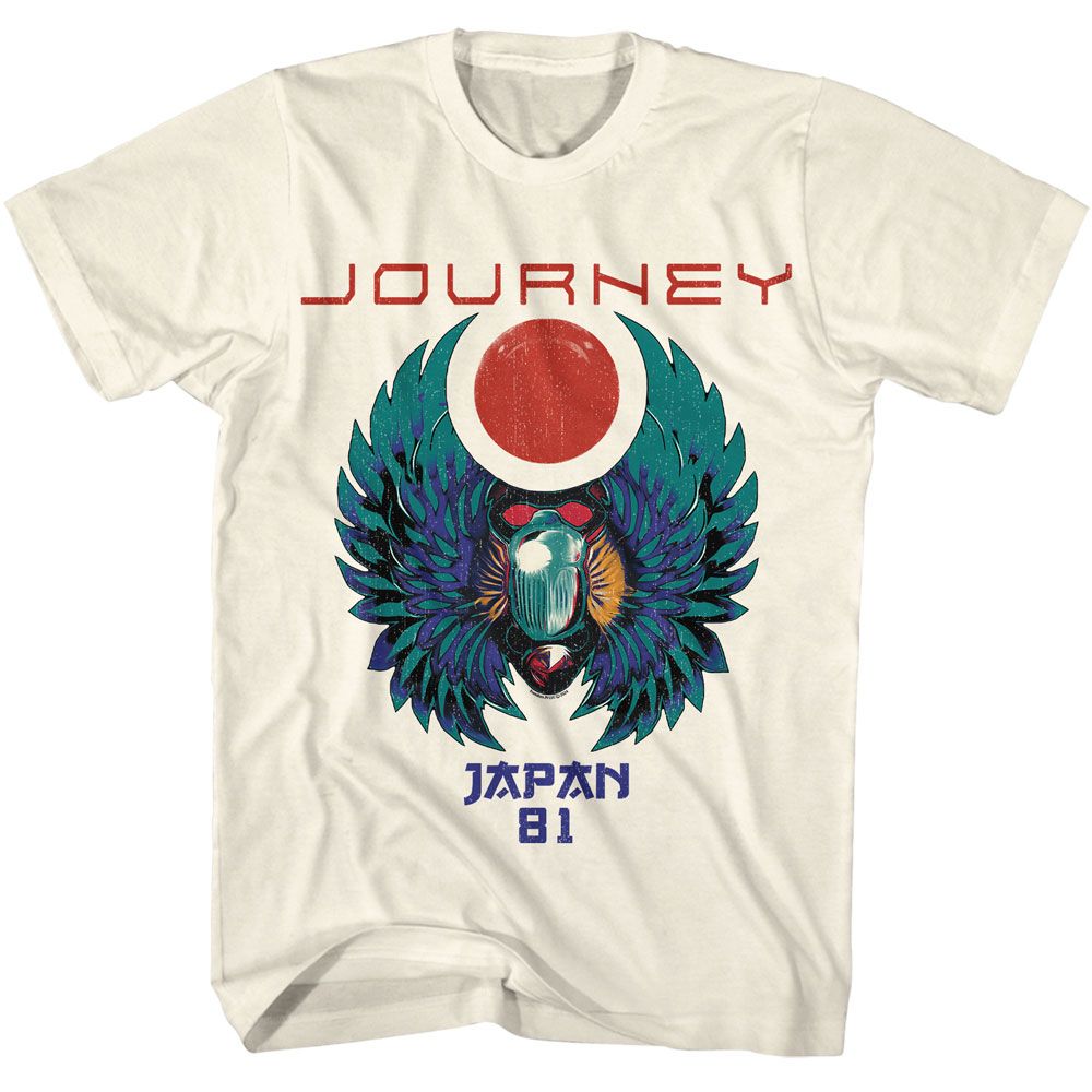 Cream Journey T-shirt featuring red “Journey” text with a colorful winged scarab graphic, a red sun and crescent above, and “Japan 81” printed underneath in a vintage tour style.