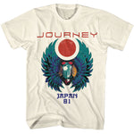 Cream Journey T-shirt featuring red “Journey” text with a colorful winged scarab graphic, a red sun and crescent above, and “Japan 81” printed underneath in a vintage tour style.