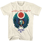 Cream Journey T-shirt featuring red “Journey” text with a colorful winged scarab graphic, a red sun and crescent above, and “Japan 81” printed underneath in a vintage tour style.