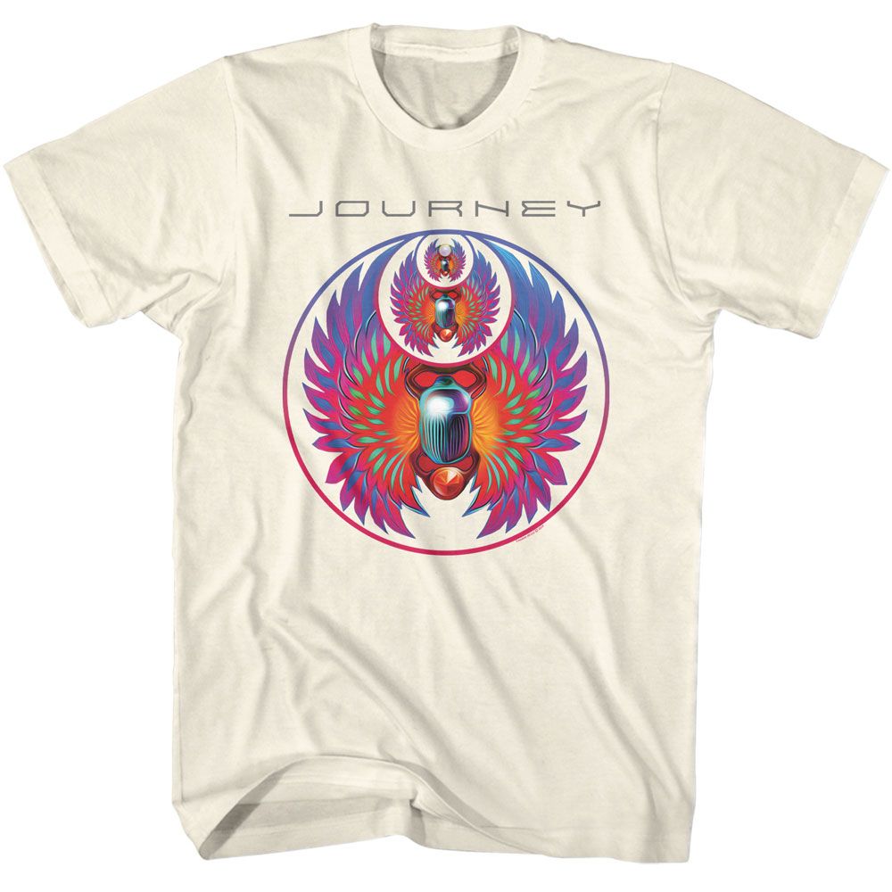 Cream Journey T-shirt featuring the Journey logo across the top and a large circular graphic with a colorful winged scarab beetle design in vibrant pink, purple, teal, orange, and blue tones.