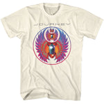 Cream Journey T-shirt featuring the Journey logo across the top and a large circular graphic with a colorful winged scarab beetle design in vibrant pink, purple, teal, orange, and blue tones.