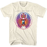 Cream Journey T-shirt featuring the Journey logo across the top and a large circular graphic with a colorful winged scarab beetle design in vibrant pink, purple, teal, orange, and blue tones.