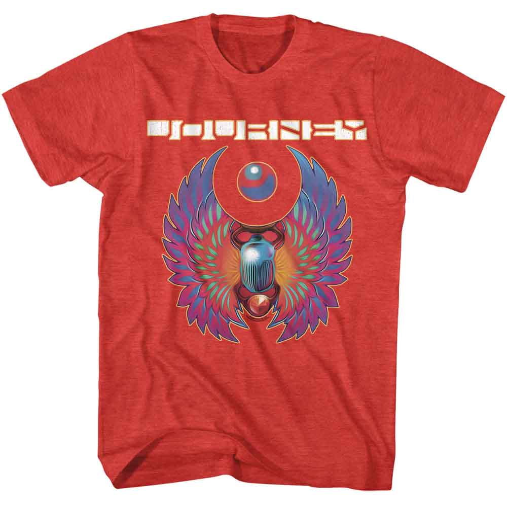 Red Journey T-shirt featuring a colorful winged scarab graphic with a glowing circular emblem above it and the Journey logo in a distressed retro style.