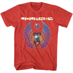 Red Journey T-shirt featuring a colorful winged scarab graphic with a glowing circular emblem above it and the Journey logo in a distressed retro style.