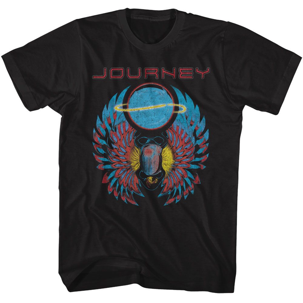 Black Journey T-shirt featuring a colorful winged scarab graphic with a glowing blue halo circle above it and the Journey logo in a distressed retro style.