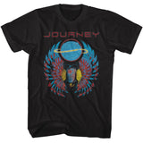 Black Journey T-shirt featuring a colorful winged scarab graphic with a glowing blue halo circle above it and the Journey logo in a distressed retro style.