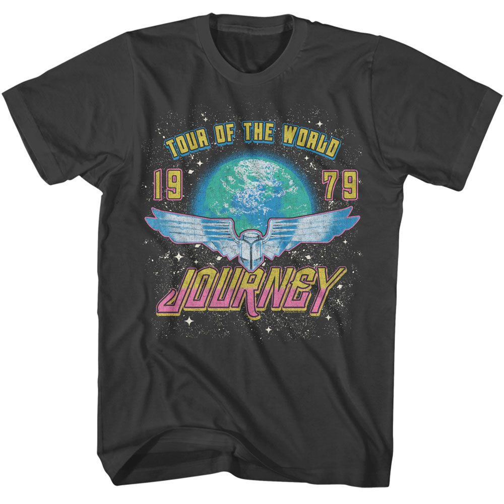 Black Journey T-shirt featuring a retro “Tour of the World 1979” design with a glowing Earth backdrop, winged emblem, and vintage Journey lettering in colorful distressed print.