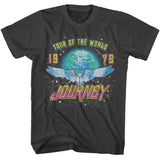 Black Journey T-shirt featuring a retro “Tour of the World 1979” design with a glowing Earth backdrop, winged emblem, and vintage Journey lettering in colorful distressed print.
