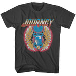 Black Journey T-shirt featuring the Journey logo at the top and a large blue winged scarab graphic with gold wings and a red glow background in a distressed vintage style.