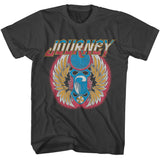 Black Journey T-shirt featuring the Journey logo at the top and a large blue winged scarab graphic with gold wings and a red glow background in a distressed vintage style.
