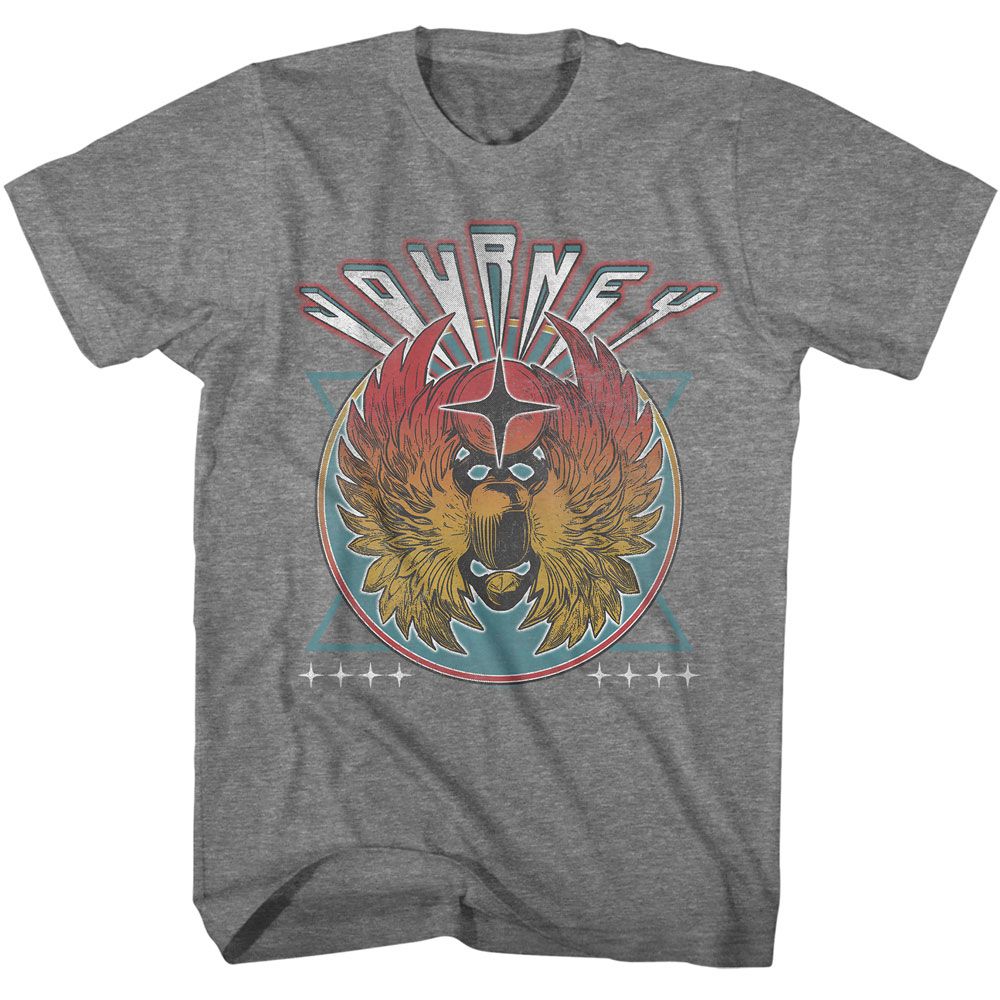 Heather gray Journey T-shirt featuring a vintage-style winged scarab emblem inside a circular badge with a starburst design and “Journey” lettering across the top.