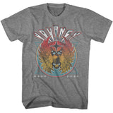 Heather gray Journey T-shirt featuring a vintage-style winged scarab emblem inside a circular badge with a starburst design and “Journey” lettering across the top.