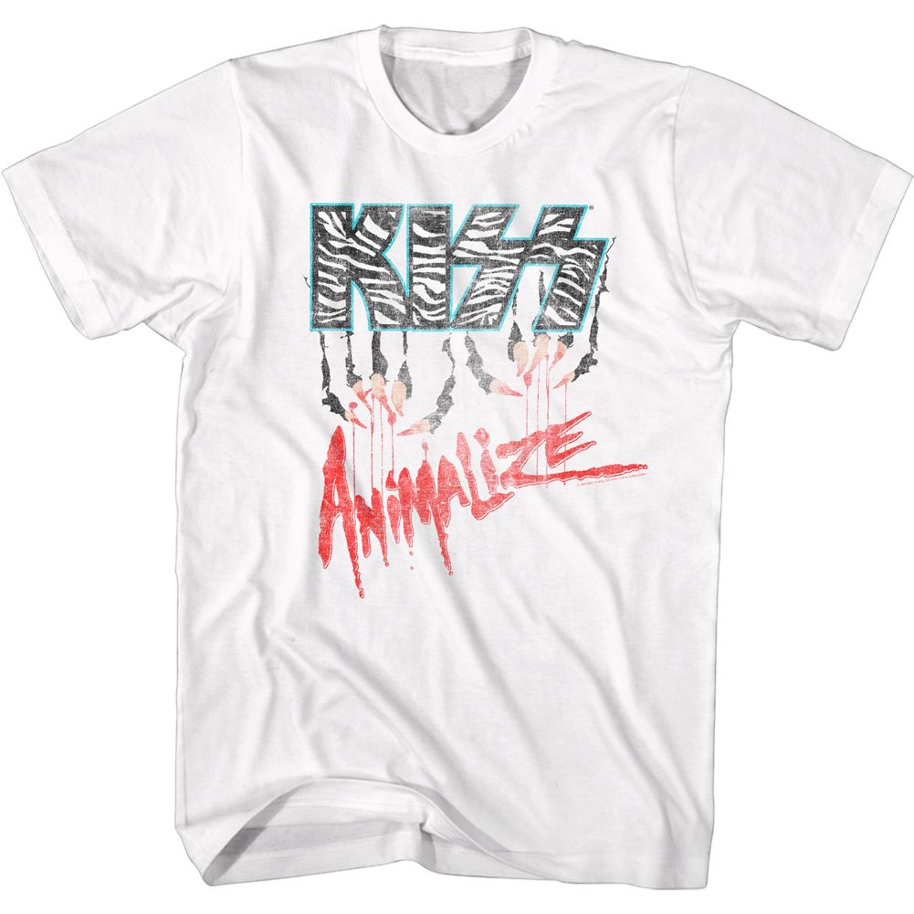 White KISS T-shirt featuring the zebra-print KISS logo with claw marks and red “Animalize” text in a distressed style.
